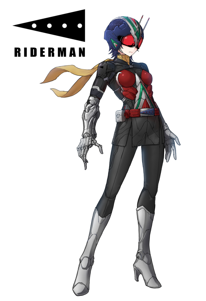 1girl antennae belt black_bodysuit black_skirt blue_hair bodysuit boots closed_mouth commentary eidenjyou1997 english_commentary full_body genderswap genderswap_(mtf) gloves goggles grey_boots grey_gloves high_heel_boots high_heels highres kamen_rider kamen_rider_v3_(series) logo mechanical_arms red-tinted_eyewear red_belt rider-tan rider_belt riderman scarf simple_background single_glove single_mechanical_arm skirt solo standing tinted_eyewear white_background yellow_scarf