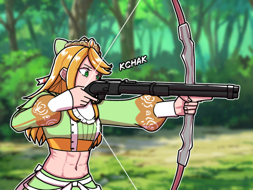 1girl abs aiming bow bow_(weapon) breasts crop_top day drawing_bow english_text etie_(fire_emblem) fire_emblem fire_emblem_engage green_bow green_eyes gun hair_bow holding holding_bow_(weapon) holding_weapon long_hair long_sleeves medium_breasts midriff mnejing30 navel nintendo orange_hair outdoors shotgun solo sound_effects tiara upper_body weapon weapon_request