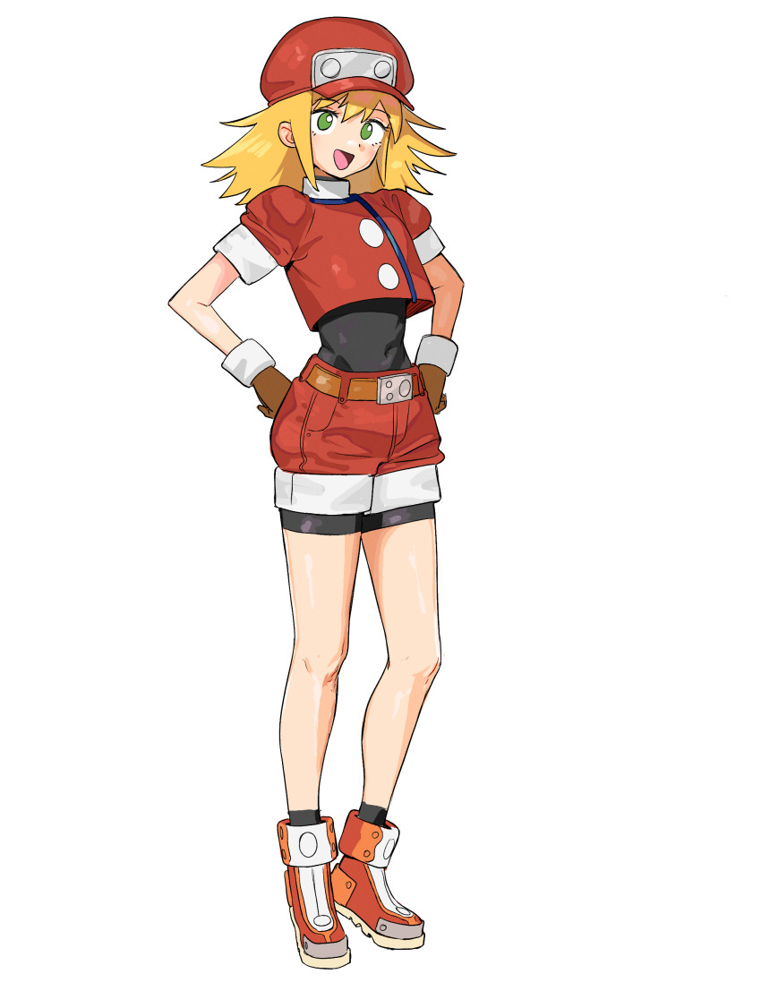 1girl :d absurdres ankle_socks arched_back belt belt_buckle black_bodysuit black_socks blonde_hair blue_trim bodysuit bodysuit_under_clothes brown_gloves buckle commentary crop_top crop_top_overhang cropped_jacket curled_fingers dot_nose english_commentary eyebrows_hidden_by_hair gloves green_eyes hair_between_eyes hands_on_own_hips hat head_tilt high_tops highres hip_bones invisible_floor jacket knees knees_apart_feet_together long_eyelashes long_hair long_sidelocks matheus_felipe mega_man_(series) mega_man_legends_(series) midriff multicolored_shoes navel newsboy_cap no_pupils open_mouth orange_belt orange_shoes puffy_short_sleeves puffy_sleeves raised_eyebrows red_hat red_jacket red_shoes red_shorts roll_caskett_(mega_man) shoes short_sleeves shorts shorts_rolled_up sidelocks simple_background skin_tight smile sneakers socks solo spiked_hair standing swept_bangs tareme thick_eyelashes thighs turtleneck white_background white_shoes white_trim wide-eyed