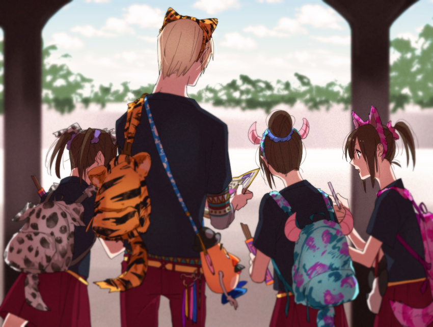 101_dalmatians 10s 1boy 3girls aged_up alice_in_wonderland animal_ears backpack bad_id bad_pixiv_id bag blonde_hair brown_eyes cat_ears cheshire_cat_(alice_in_wonderland) con_potata disney dog_ears fake_animal_ears fake_horns from_behind hair_bun horns james_p._sullivan monsters_inc. mr._potato_head multiple_girls nishigoori_axel nishigoori_loop nishigoori_lutz pixar ponytail siblings single_hair_bun sisters skirt tigger toy_story triplets twintails winnie_the_pooh yuri!!!_on_ice yuri_plisetsky