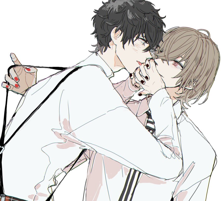 2boys akechi_gorou amamiya_ren black_hair black_nails brown_eyes brown_hair collared_shirt commentary_request covering_another&#039;s_mouth crossed_bangs eye_contact grey_eyes highres looking_at_another male_focus meimei_hituzi multiple_boys nail_polish necktie persona persona_5 profile red_nails shirt simple_background striped_necktie suspenders suspenders_pull tongue tongue_out upper_body white_background white_shirt wing_collar yaoi