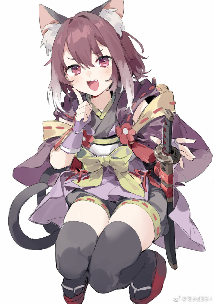 1girl animal_ear_fluff animal_ears black_kimono black_shorts black_thighhighs bow cat_ears cat_girl cat_tail check_copyright chinese_commentary colored_tips commentary_request copyright_request detached_sleeves dot_nose fang finger_to_cheek fingerless_gloves flower full_body gloves green_bow hair_between_eyes happy highres holding holding_sword holding_weapon japanese_clothes kariginu kimono light_blush long_hair long_sleeves multicolored_hair obi okobo open_mouth original pink_eyes platform_sandals purple_gloves purple_hair purple_sleeves red_flower red_ribbon red_sandals ribbon ribbon-trimmed_sleeves ribbon_trim sandals sash sh_(shinh) short_kimono shorts simple_background smile solo squatting sword tabi tail tassel teeth thighhighs upper_teeth_only v-shaped_eyebrows waist_bow watermark weapon weibo_watermark white_background white_hair white_sash wide_sleeves