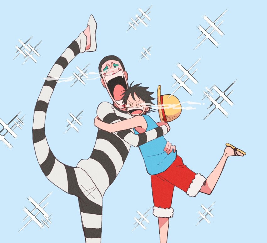 2boys anatomical_nonsense black_hair bon_clay eyeshadow feet_out_of_frame friends happy happy_tears highres hrkc0otk1 hug leg_lift makeup male_focus monkey_d._luffy multiple_boys mutual_hug official_alternate_costume one_piece prison_clothes short_hair shorts smile sparkle_background tears