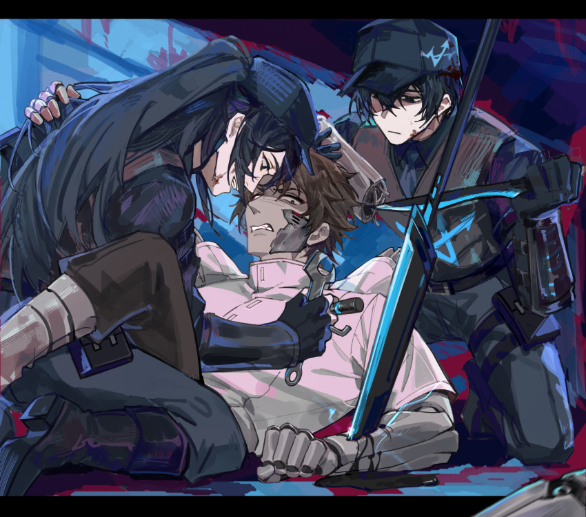 3boys angry baihuahua5441 baseball_cap black_footwear black_hair black_shirt black_vest blood blood_splatter brown_hair dark-skinned_male dark_skin extra_arms gloves hat heathcliff_(project_moon) highres holding holding_knife holding_screwdriver holding_wrench hong_lu_(project_moon) knife legs_apart legs_up limbus_company long_hair looking_at_another male_focus mechanical_arms multicrack_office_(identity)_(project_moon) multiple_boys necktie ponytail project_moon screwdriver shirt spread_legs stab turtleneck vest w_corp._(identity)_(project_moon) white_shirt wrench yi_sang_(project_moon)