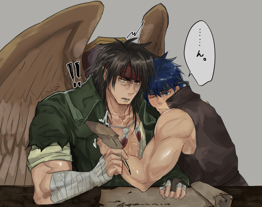 ! !! 2boys bandaged_arm bandages bara black_hair blue_eyes blue_hair commentary_request feather_necklace feathered_wings fire_emblem fire_emblem:_radiant_dawn headband highres holding holding_quill hug hug_from_side ike_(fire_emblem) jewelry kamabokozin male_focus multiple_boys muscular muscular_male necklace nintendo one_eye_closed parted_lips pectoral_cleavage pectorals pointy_ears quill scar scar_on_face short_hair simple_background tibarn_(fire_emblem) upper_body wings yaoi yellow_eyes