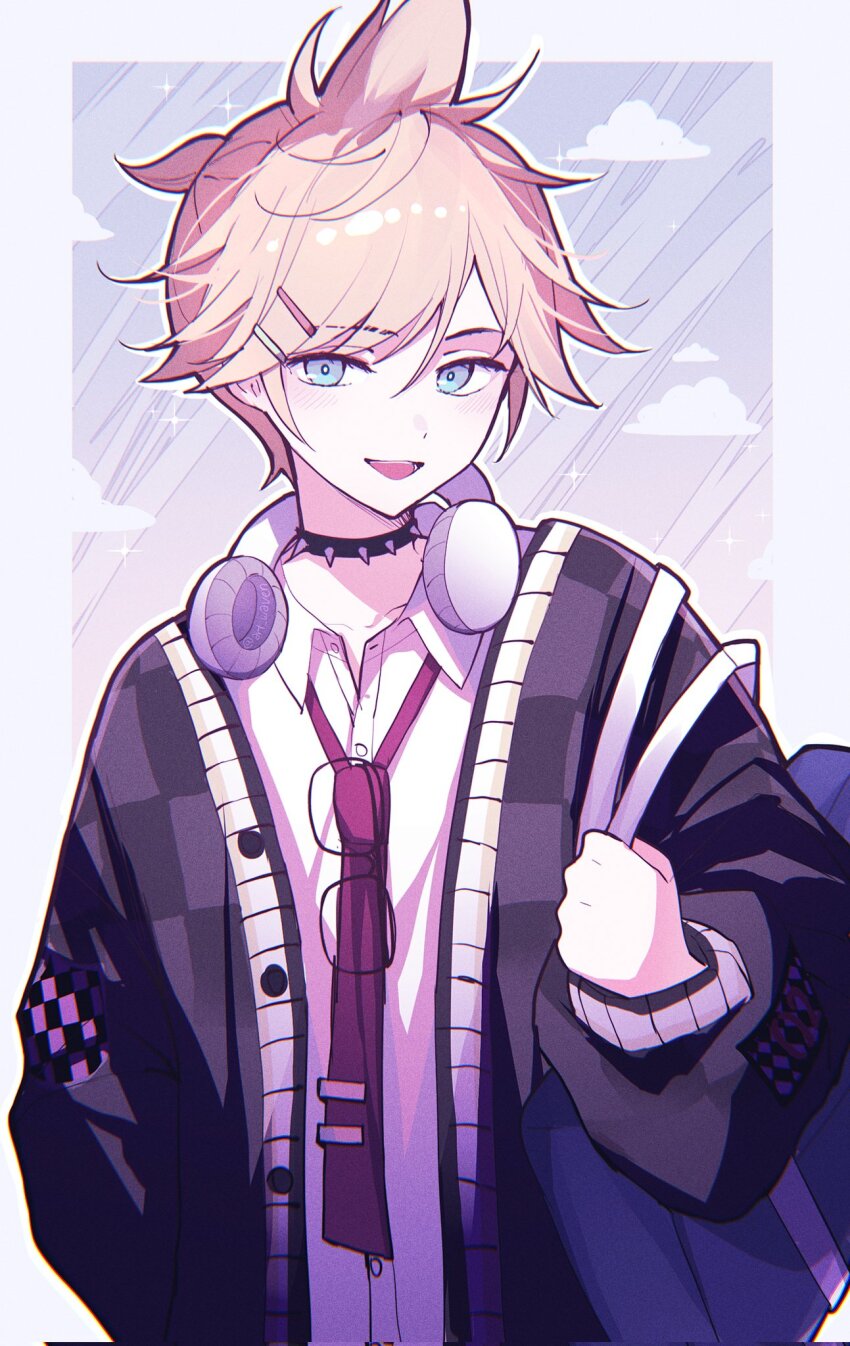 1boy :d art_waven black-framed_eyewear black_cardigan blonde_hair blue_eyes border bright_pupils cardigan checkered_clothes chromatic_aberration cloud collared_shirt commentary_request corrupted_twitter_file film_grain glasses grey_background grey_border hair_between_eyes hair_ornament hand_in_pocket hand_up headphones headphones_around_neck highres kagamine_len male_focus necktie open_cardigan open_clothes open_mouth outline outside_border ponytail project_sekai red_necktie shirt short_hair short_ponytail simple_background smile solo sparkle square-end_necktie teeth tie_clip tongue unworn_eyewear upper_body vivid_bad_squad_len vocaloid white_bag white_outline white_pupils white_shirt