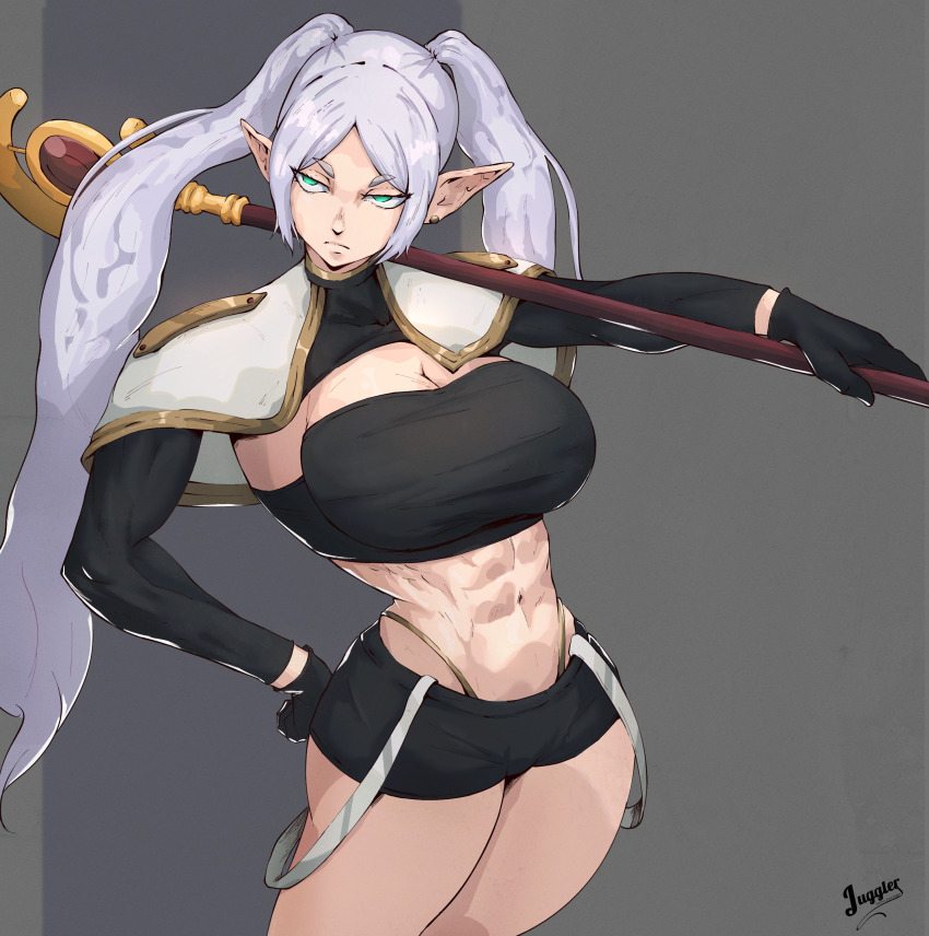1girl abs absurdres artist_name capelet commentary earrings elf english_commentary frieren green_eyes highres holding holding_staff jewelry juggler_(sun_juggler) long_hair mage_staff muscular muscular_female parted_bangs pointy_ears solo sousou_no_frieren staff twintails white_capelet white_hair