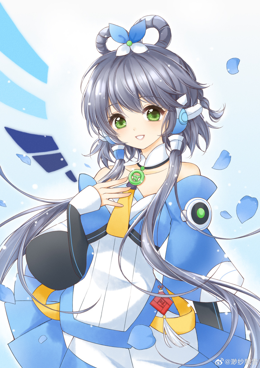1girl absurdres arm_warmers bare_shoulders black_arm_warmers blue_background blue_skirt clamp_(circle)_(style) detached_collar falling_petals green_eyes grey_hair hair_rings hand_on_own_chest highres looking_at_viewer luo_tianyi miaosha_piaoxue off-shoulder_shirt off_shoulder petals shirt short_hair_with_long_locks skirt solo upper_body vocaloid vsinger_(vocaloid) watermark weibo_watermark white_shirt