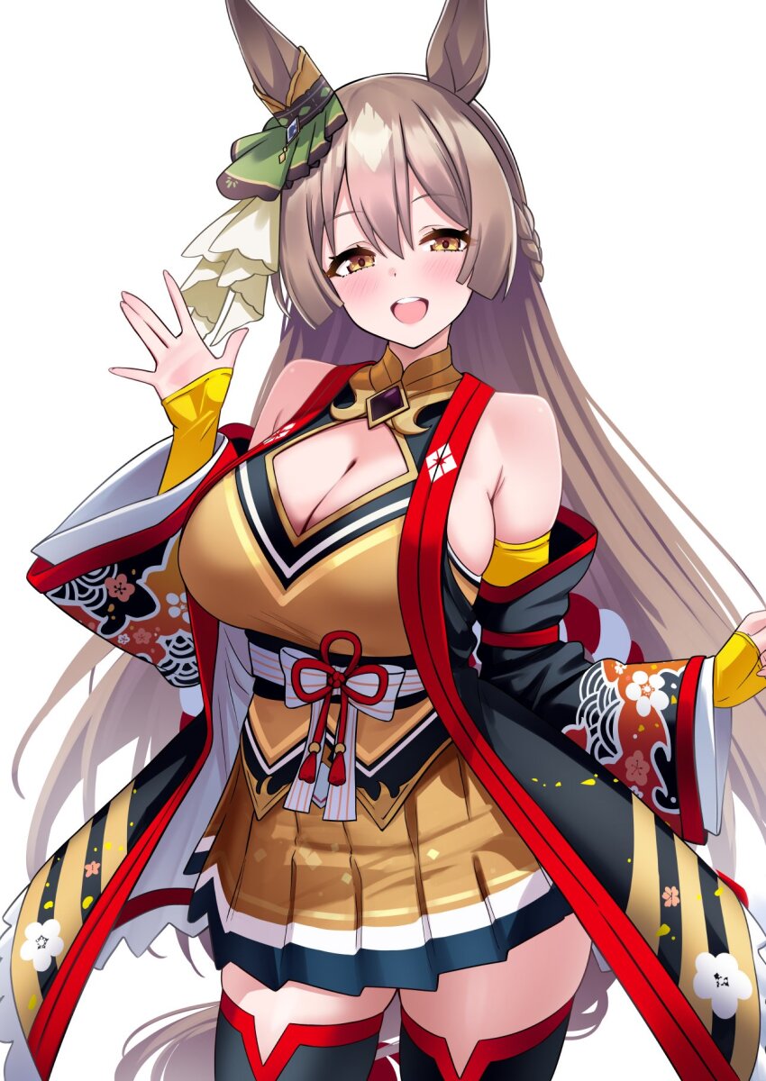 1girl animal_ears black_sash black_sleeves black_thighhighs blush breasts brown_eyes brown_hair brown_tail chanchanko_(clothes) cleavage cleavage_cutout clothing_cutout commentary_request cosplay cowboy_shot detached_sleeves diamond_(shape) ear_ornament floral_print_sleeves flower_knot gold_collar hair_between_eyes hand_up herohero_(higashi_no_dou) highres horse_ears horse_girl horse_tail kitasan_black_(umamusume) kitasan_black_(umamusume)_(cosplay) large_breasts long_hair looking_at_viewer obi open_mouth orange_shirt orange_skirt red_trim sash satono_diamond_(umamusume) shirt simple_background skindentation skirt smile solo tail teeth thighhighs thighs umamusume upper_teeth_only waving white_background wide_sleeves yellow_sleeves