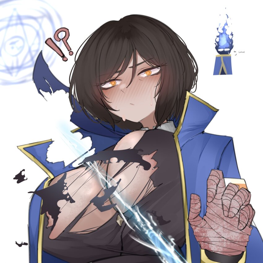 1boy 1girl absurdres accidental_exposure armband black_jacket blue_coat breasts coat der_freischuetz_(project_moon) e.g.o_(project_moon) gold_trim highres jacket large_breasts limbus_company lobotomy_corporation lobotomy_corporation_(identity)_(project_moon) magic_bullet_(e.g.o) orange_armband outis_(project_moon) project_moon simple_background stray_bullets torn_clothes upper_body white_background xkittyzx