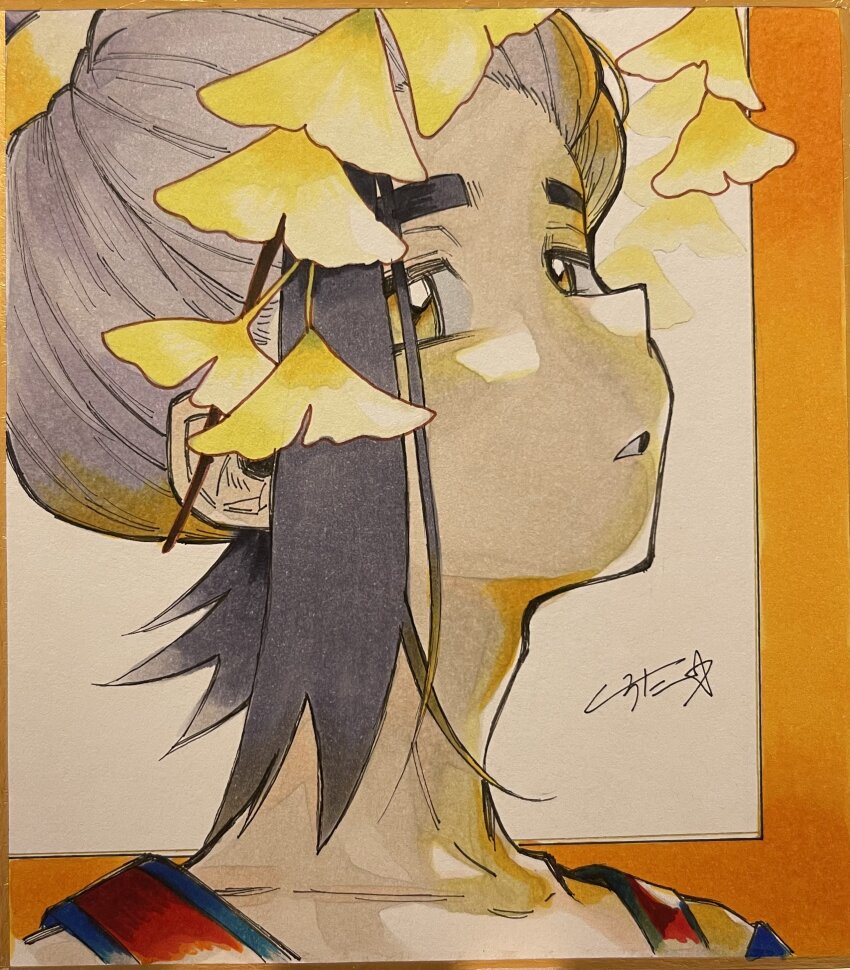 1boy absurdres black_hair clenched_teeth commentary_request hei_tai_(kyaputen1) highres kieran_(pokemon) leaf male_focus multicolored_hair nintendo pokemon pokemon_sv portrait purple_hair red_shirt shirt signature solo teeth traditional_media two-tone_hair yellow_eyes