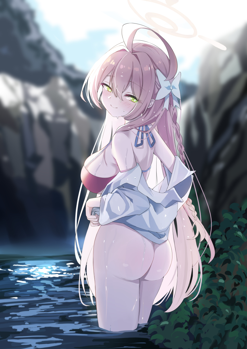 1girl absurdres ahoge ass bikini bikini_top_only blue_archive chun_jiang commentary_request green_eyes halo hanako_(blue_archive) hanako_(swimsuit)_(blue_archive) highres huge_ahoge long_hair looking_at_viewer official_alternate_costume open_clothes open_shirt pink_hair red_bikini shirt solo standing swimsuit very_long_hair water wet white_shirt