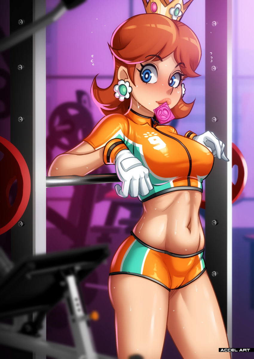 1girl absurdres blue_eyes blush breasts brown_hair condom gym highres large_breasts lipstick looking_at_viewer makeup mario_(series) mario_strikers_(series) midriff mouth_hold navel nintendo princess princess_daisy short_hair shorts smile soccer_uniform solo sportswear super_mario_strikers sweat the_accel toned