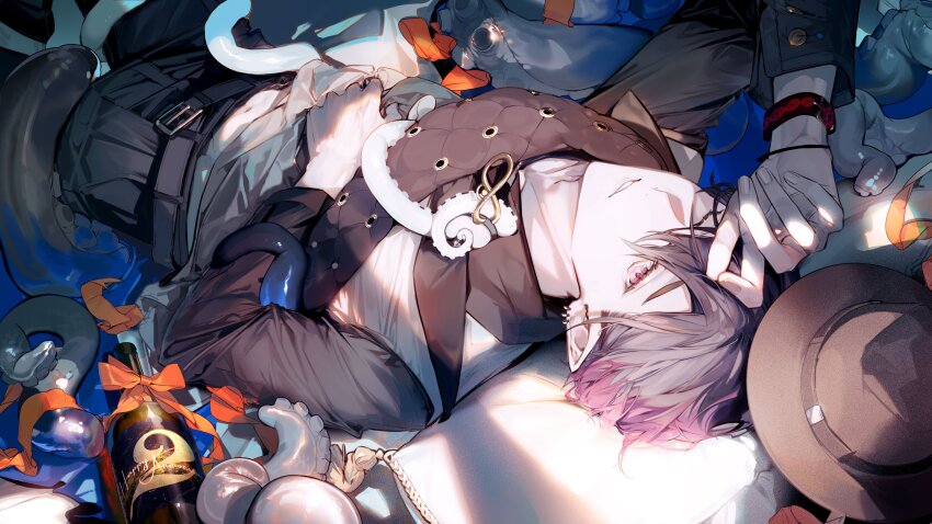 1boy absurdres alchemy_stars belt black_hair black_hat black_pants black_shirt bottle colored_tips ear_bar grey_vest hair_between_eyes hat highres kleken_(alchemy_stars) long_sleeves looking_at_viewer lying male_focus multicolored_hair navel nishikikope on_back on_bed one_eye_closed pants parted_lips pillow pointy_ears sash shading_eyes shirt short_hair shoulder_sash solo tentacles unworn_hat unworn_headwear vest wine_bottle wristband