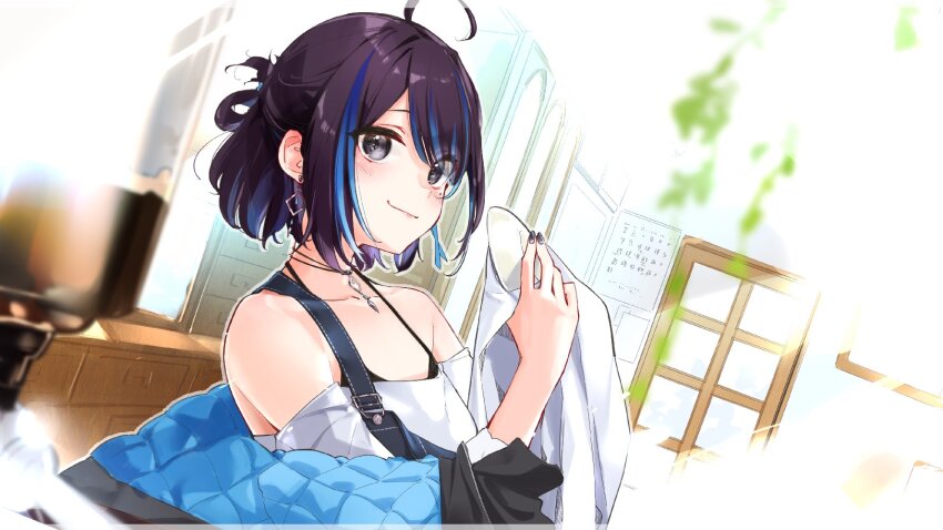 1girl animal_ears black_hair black_jacket black_nails blue_hair blue_overalls closed_mouth commentary_request day grey_eyes half_updo hand_up highres holding holding_plate indie_virtual_youtuber indoors jacket jewelry light_smile looking_at_viewer mole mole_under_eye multicolored_hair necklace off-shoulder_shirt off_shoulder overalls plate quilted_jacket shirt short_hair smile solo spaghetti_strap streaked_hair swept_bangs three-quarter_sleeves two-sided_fabric two-sided_jacket virtual_youtuber white_shirt wiping yubari_rei yuyaiyaui