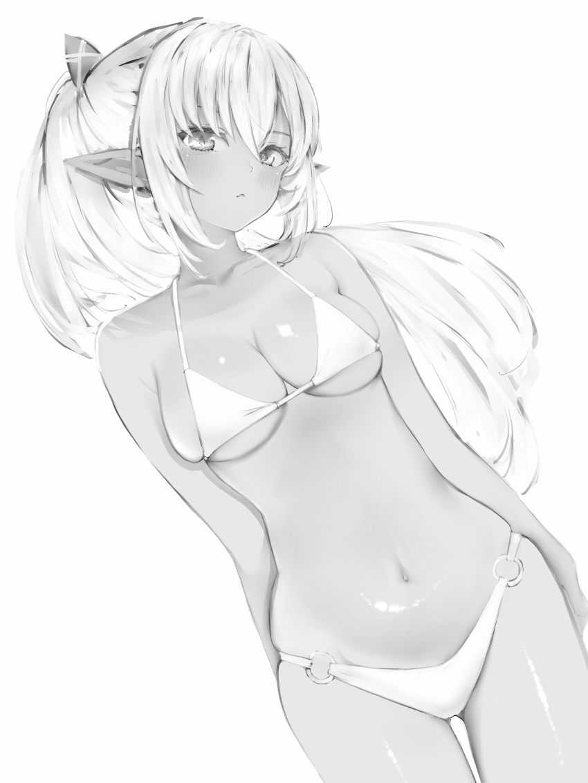 1girl absurdres bikini blush breasts cleavage collarbone cowboy_shot dark-skinned_female dark_skin elf greyscale highres hololive long_hair looking_at_viewer medium_breasts monochrome nanashi_(nlo) navel o-ring o-ring_bikini parted_lips pointy_ears ponytail shiranui_flare simple_background solo swimsuit virtual_youtuber white_background