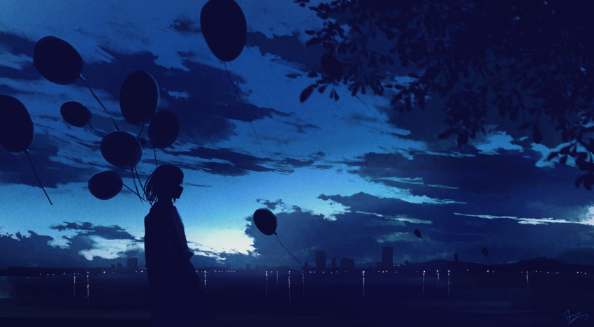 1girl absurdres balloon blue_sky city cloud cloudy_sky dusk evening highres huashijw original outdoors scenery short_hair silhouette sky solo