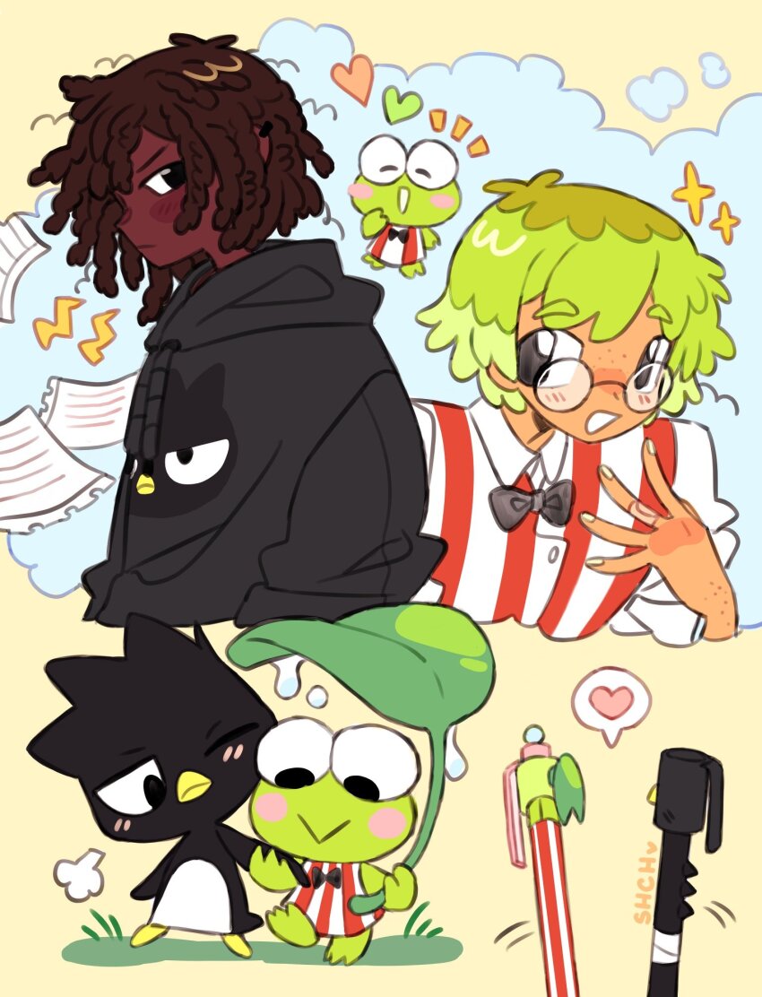 2boys badtz-maru bird black_bow black_bowtie black_hoodie bow bowtie commentary couple creature_and_personification dark-skinned_male dark_skin dreadlocks frog glasses green_hair hasunoue_keroppi heart highres hood hood_down hoodie interracial kero_kero_keroppi leaf_umbrella male_focus medium_hair multiple_boys one_eye_closed penguin personification sanrio sharpycharot shirt short_hair striped_clothes striped_shirt symbol-only_commentary very_dark_skin yaoi yellow_background