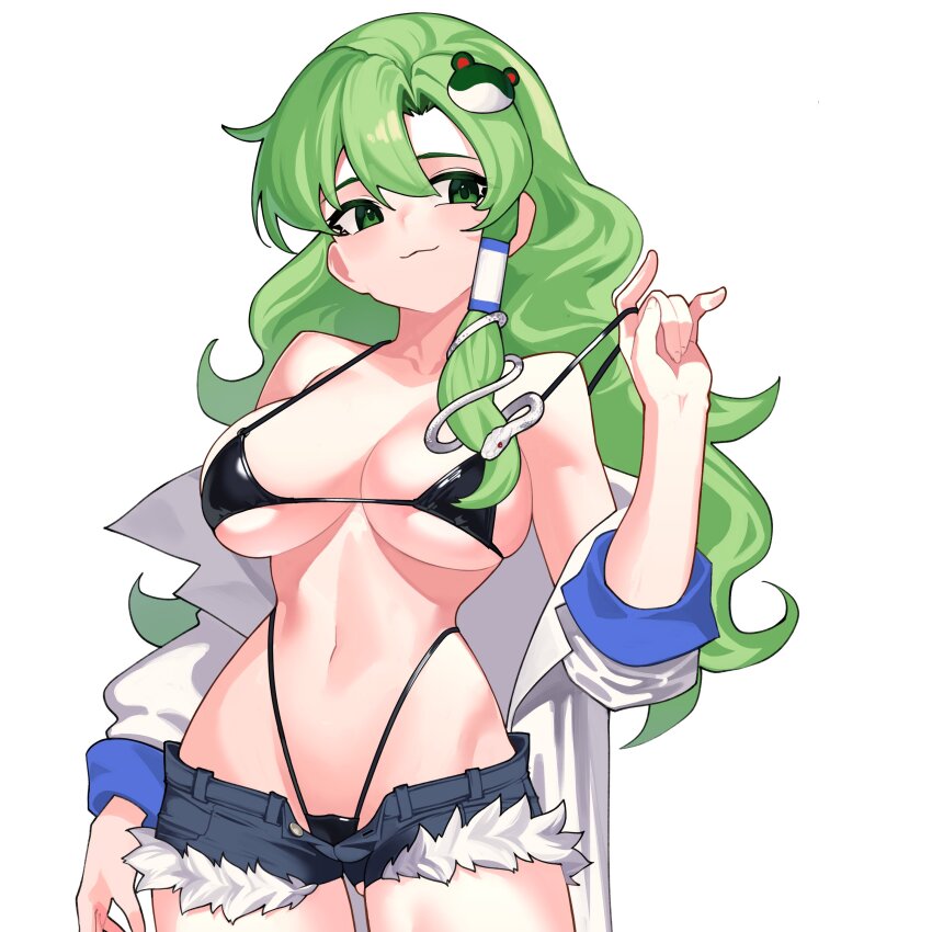 1girl absurdres alternate_costume bikini black_bikini breasts closed_mouth cowboy_shot denim denim_shorts frog_hair_ornament green_eyes green_hair hair_between_eyes hair_ornament hair_tubes hashtag-only_commentary highleg highleg_bikini highres kochiya_sanae large_breasts long_hair long_sleeves micro_bikini micro_shorts navel qwas69 shirt shorts simple_background single_hair_tube smile snake_hair_ornament solo strap_pull swimsuit touhou white_background white_shirt
