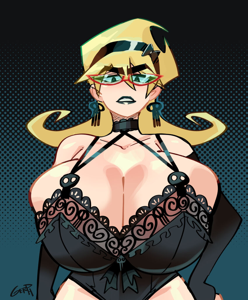 1girl absurdres black_bra black_lips blonde_hair bra breasts cartoon_network cat_eye-framed_eyewear choker curvy earrings gerph glasses highres huge_breasts jewelry lace_trim large_breasts lingerie lips lipstick looking_at_viewer looking_down makeup mandy_(grim_adventures) mature_female skull skull_earrings the_grim_adventures_of_billy_&amp;_mandy thick_thighs thighs underwear