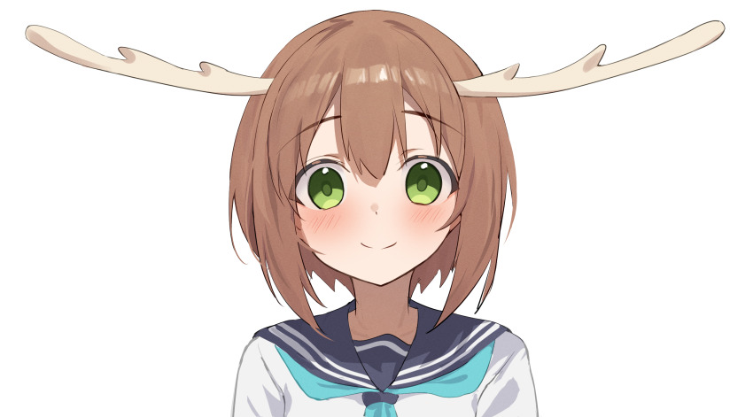 1girl antlers aqua_neckerchief bitseon blue_sailor_collar blush brown_hair closed_mouth deer_antlers green_eyes highres hino_minami_high_school_uniform horns looking_at_viewer neckerchief portrait sailor_collar school_uniform shikanoko_noko shikanoko_nokonoko_koshitantan shirt short_hair simple_background smile solo white_background white_shirt