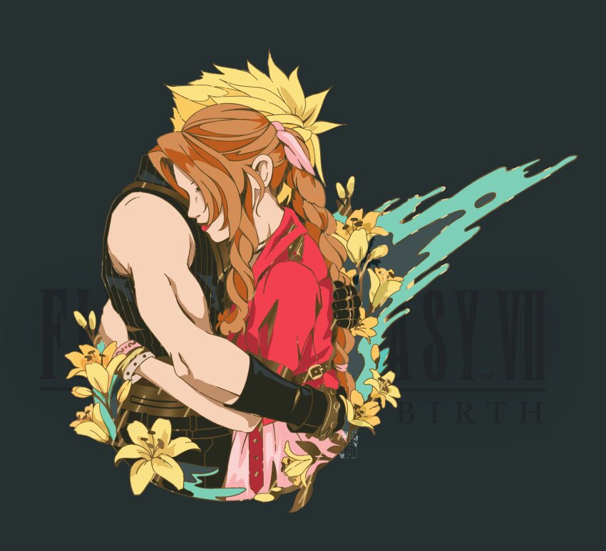 1boy 1girl absurdres aerith_gainsborough bangle belt black_gloves black_pants black_shirt blonde_hair bracelet braid braided_ponytail brown_belt brown_hair cloud_strife copyright_name couple dress final_fantasy final_fantasy_vii final_fantasy_vii_rebirth final_fantasy_vii_remake flower gloves hair_ribbon hetero highres hug jacket jewelry lily_(flower) long_hair meteor necklace pants parted_bangs pink_dress pink_ribbon red_jacket red_lips ribbon shanlieart shirt short_hair sidelocks single_bare_shoulder single_braid sleeveless sleeveless_turtleneck spiked_hair suspenders turtleneck upper_body yellow_flower