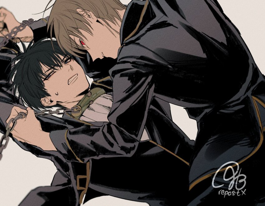 2boys black_hair black_jacket black_pants blue_eyes bound brown_hair chain chain_leash gintama highres hijikata_toushirou holding holding_chain jacket leash lying m_m_pb male_focus multiple_boys okita_sougo on_back pants red_eyes shinsengumi_(gintama) shirt simple_background sitting sweatdrop white_shirt