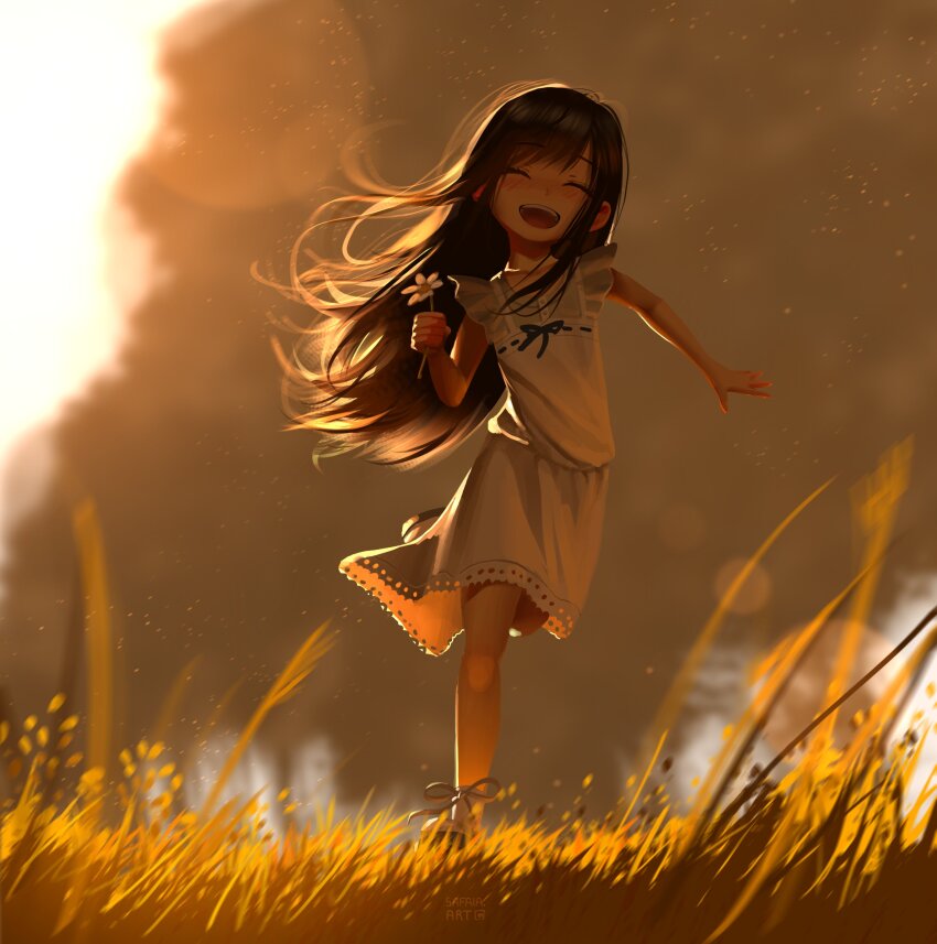 1girl absurdres aged_down bare_arms black_hair blurry blurry_background child closed_eyes collarbone commentary dress english_commentary facing_viewer final_fantasy final_fantasy_vii final_fantasy_vii_remake flower frilled_dress frills full_body grass happy highres holding holding_flower long_hair open_mouth orange_sky outdoors running safaia sandals sky smile socks solo standing standing_on_one_leg sunset tifa_lockhart white_dress white_socks