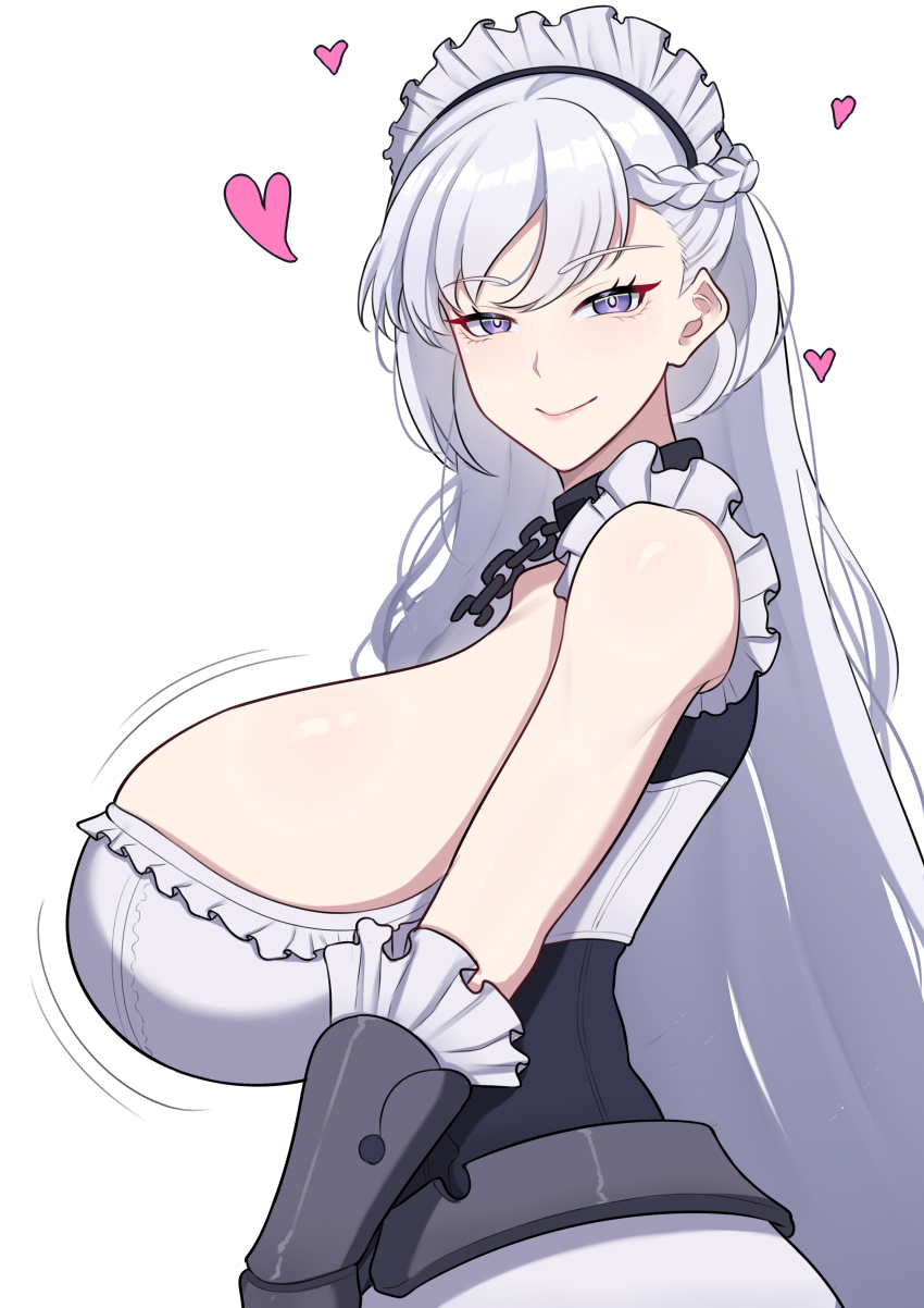 1girl absurdres azur_lane band-width belfast_(azur_lane) blush braid breasts chain choker closed_mouth dress frilled_dress frills from_side gauntlets heart highres huge_breasts long_hair looking_at_viewer maid maid_headdress motion_lines purple_eyes shiny_skin smile solo upper_body very_long_hair white_background white_hair