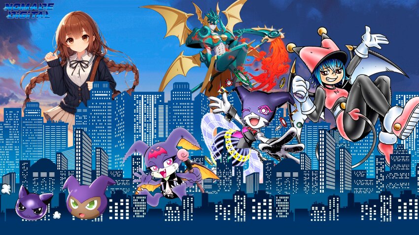 absurdres angel angel_girl appmon armor blue_hair braid brown_hair claws digimon digimon_(creature) evolutionary_line fallen_angel green_eyes highres keemon looking_at_viewer mark_of_evil navimon_(digimon) ofanimon_falldown_mode one_eye_closed petitmamon school_girl_(digimon_tamers) short_hair smile tail vegasmon wings wink yarmon