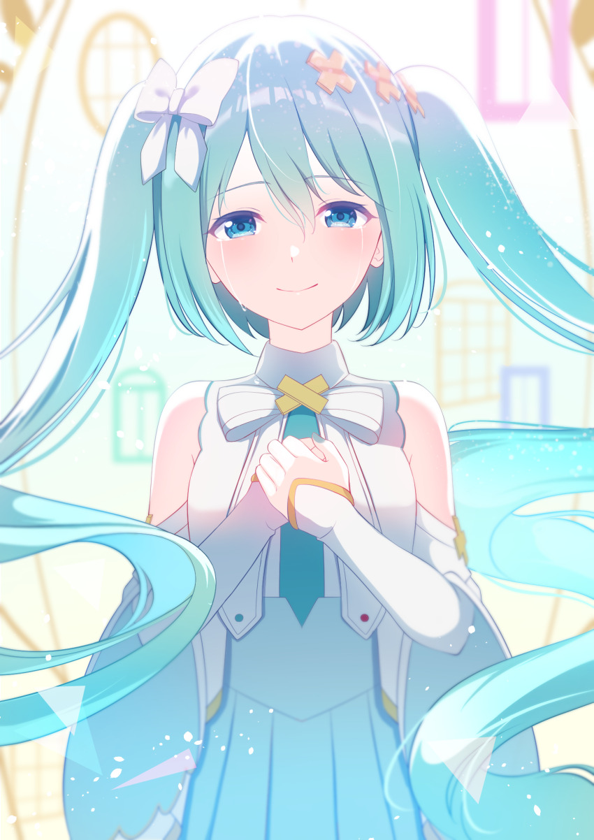 1girl aqua_eyes aqua_hair aqua_nails aqua_necktie blush bow breasts closed_mouth crying crying_with_eyes_open dress hair_between_eyes hair_bow hair_ornament hatsune_miku highres hiramado_miku kowareta_sekai_to_utaenai_miku long_hair long_sleeves looking_at_viewer medium_breasts necktie official_alternate_costume official_alternate_hairstyle project_sekai sleeveless sleeveless_dress smile solo spoilers streaming_tears tears twintails very_long_hair white_bow white_dress x_hair_ornament yomomo14