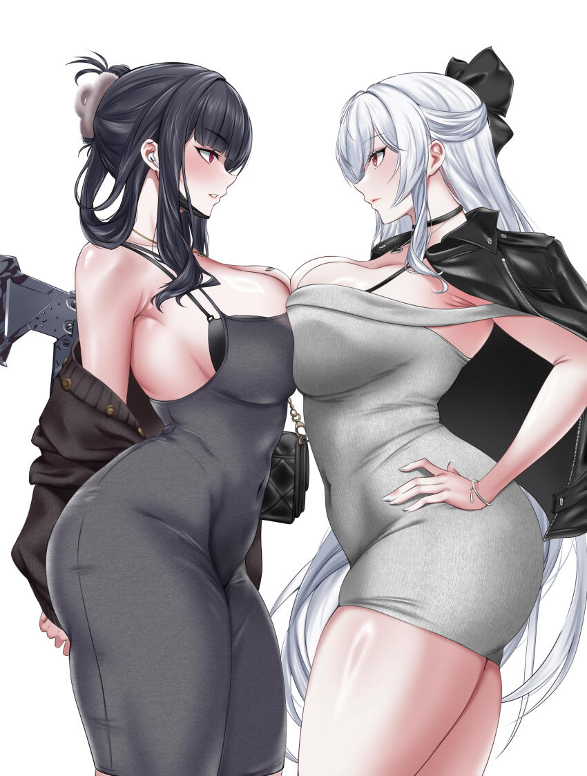 2girls absurdres axe bag barcode barcode_tattoo beatheart black_bow black_choker black_dress black_hair bow breast_press breasts choker cinderella_(beautiful_me)_(nikke) cinderella_(nikke) commentary curvy d_(killer_wife)_(nikke) d_(nikke) dongtan_dress dress face-to-face folded_ponytail goddess_of_victory:_nikke grey_dress hair_bow handbag hands_on_own_hips hatchet_(axe) heart heart_necklace highres in-ear_earphones jacket jacket_on_shoulders jewelry large_breasts long_hair looking_at_another mask_pull meme_attire multiple_girls necklace off_shoulder official_alternate_costume parted_lips red_eyes simple_background symmetrical_docking tattoo taut_clothes taut_dress very_long_hair white_background white_hair
