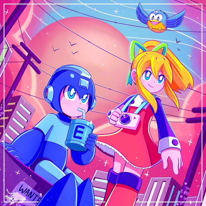 1boy 1girl beat_(mega_man) bird blonde_hair blue_eyes blue_headwear camera dress drinking_straw helmet high_ponytail highres medium_hair mega_man_(character) mega_man_(classic) mega_man_(series) non-humanoid_robot ponytail red_dress robot robot_animal roll_(mega_man) sitting wanted_poster xenon_(xenonb)
