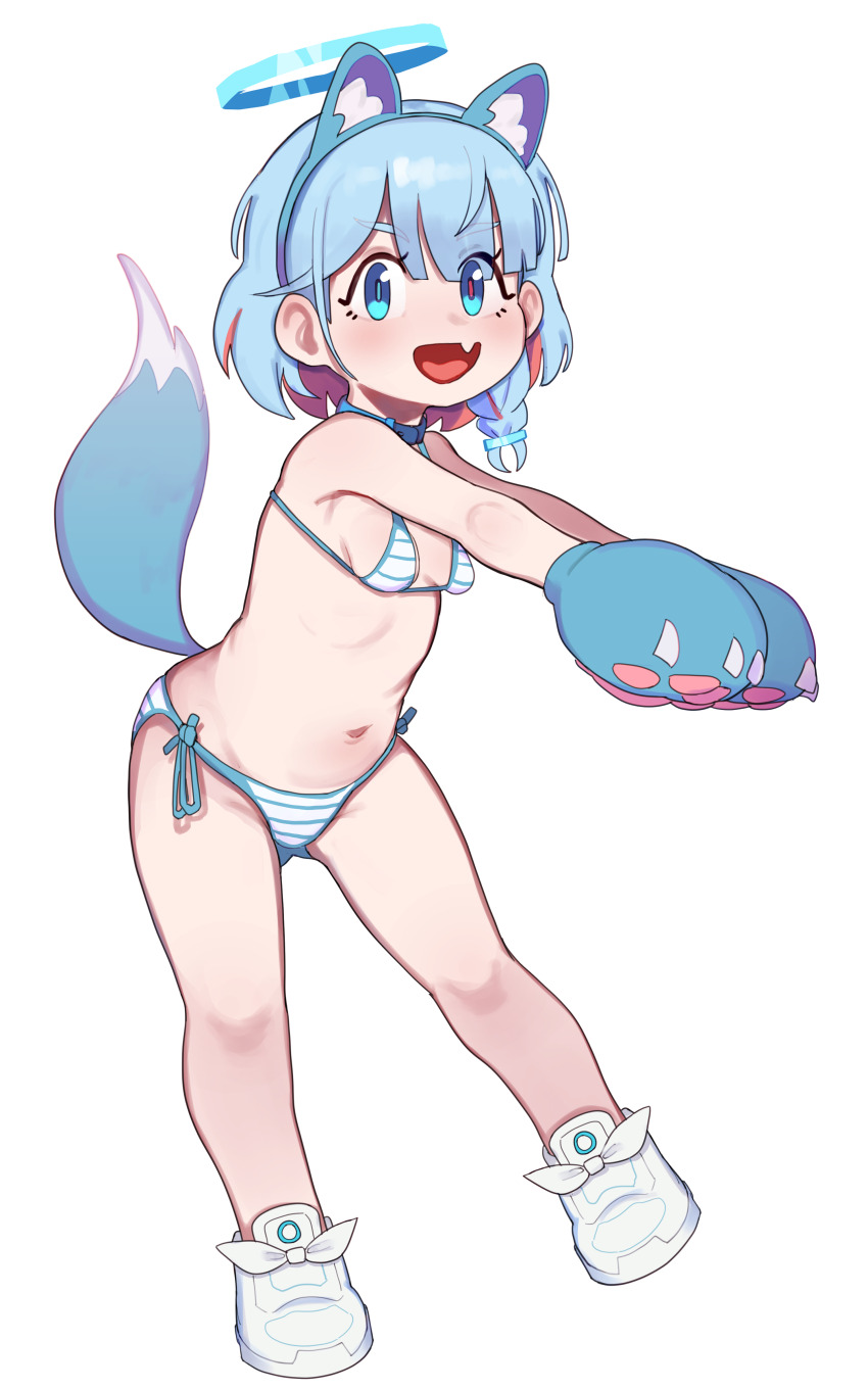 1girl :d absurdres animal_ears animal_hands arona_(blue_archive) belt_collar bikini blue_archive blue_bikini blue_collar blue_eyes blue_hair blue_halo blue_pupils braid breasts collar commentary dog_ears dog_paws dog_tail fake_animal_ears fake_tail fang full_body gloves halo highres looking_at_viewer lulubelleiii mismatched_pupils navel open_mouth paw_gloves pink_hair red_pupils shoes short_hair side-tie_bikini_bottom side_braid simple_background single_braid small_breasts smile sneakers solo striped_bikini striped_clothes swimsuit tail white_background white_shoes