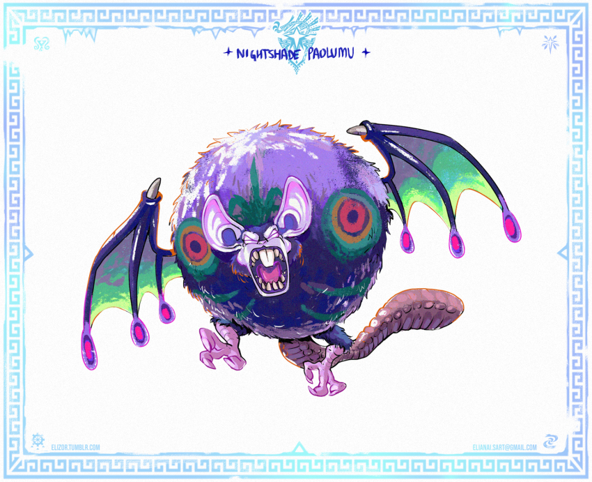 animal_ears bat_ears bat_wings border character_name claws closed_eyes eliz0r email_address highres monster monster_hunter:_world monster_hunter_(series) monster_hunter_world:_iceborne nightshade_paolumu no_humans open_mouth simple_background tumblr_username wings