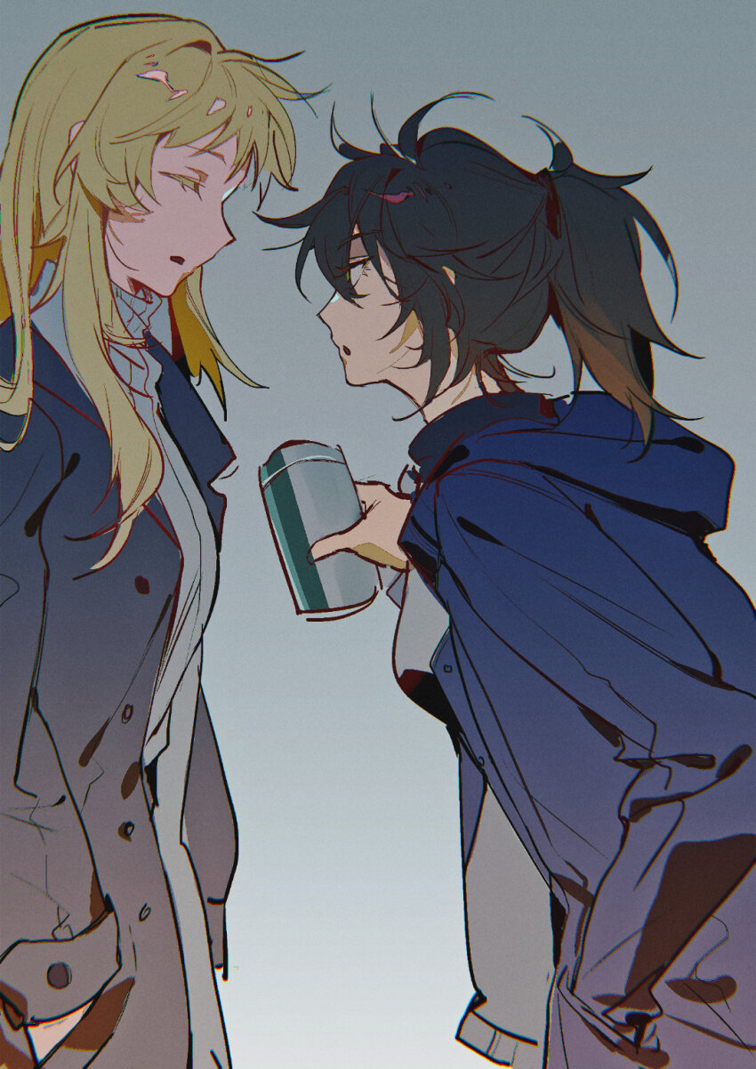 2girls atou_haruki black_jacket blonde_hair blue_jacket chinese_commentary closed_eyes colored_eyelashes commentary_request cup dress genderswap genderswap_(mtf) green_eyes grey_background grey_dress height_difference highres holding holding_cup hood hood_down hooded_jacket isoi_reiji jacket long_hair multiple_girls open_clothes open_jacket open_mouth ponytail saibou_shinkyoku shuiyemusan sweater sweater_dress turtleneck turtleneck_dress
