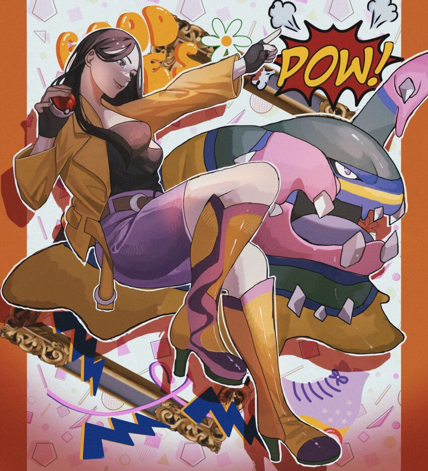 1girl abstract_background alolan_form alolan_muk belt black_gloves boots breasts brown_belt brown_hair commission crescent fingerless_gloves flower gen_7_pokemon gloves green_eyes high_heel_boots high_heels highres holding holding_poke_ball jacket multicolored_footwear nintendo outline pointing poke_ball pokemon pokemon_(creature) purple_skirt reo_(mmocc123) skeb_commission skirt smile white_outline yellow_boots yellow_jacket