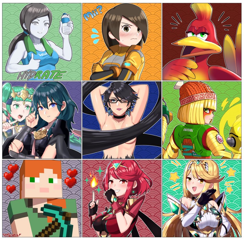 6+girls absurdres alex_(minecraft) arms_(game) banjo-kazooie bayonetta bayonetta_(series) bayonetta_2 beak beanie blonde_hair blue_eyes bottle braid breasts clothes_writing english_text female_byleth_(fire_emblem) female_focus fingerless_gloves fire fire_emblem fire_emblem:_three_houses glasses gloves green_eyes green_hair hair_ribbon hat heart highres index_finger_raised kazooie_(banjo-kazooie) long_hair low_poly mask matching_hair/eyes mii_(nintendo) mii_gunner min_min_(arms) minecraft minecraft_pickaxe multiple_girls mythra_(massive_melee)_(xenoblade) mythra_(xenoblade) nintendo nude ojou-sama_pose one_eye_closed orange_hair pale_skin pickaxe pixel_heart pixelated ponytail pyra_(xenoblade) red_eyes ribbon_braid sarukaiwolf short_hair sothis_(fire_emblem) super_smash_bros. tiara twin_braids water_bottle wii_fit wii_fit_trainer wii_fit_trainer_(female) wink xenoblade_chronicles_(series) xenoblade_chronicles_2 yellow_eyes