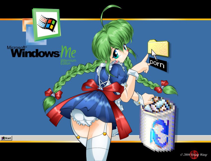 1girl ahoge apron aqua_eyes ass blush bow braid cowboy_shot female_focus folder frills from_behind garter_straps green_eyes green_hair hair_bow icon_(computing) long_hair looking_at_viewer looking_back maid maid_apron me-tan microsoft microsoft_windows mouse_pinter os-tan panties pantyshot pixelated pointer pointing puffy_short_sleeves puffy_sleeves recycle_bin red_bow short_sleeves sign solo thighhighs trash_can twin_braids underwear warning_sign warning_sign_hair_ornament white_panties white_thighhighs windows_classic windows_me wrist_cuffs young_wang
