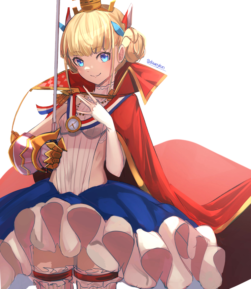 1girl artist_name azur_lane blonde_hair blue_eyes breasts cape daweykun double_bun epaulettes french_flag gauntlets hair_bun highres holding holding_sword holding_weapon le_triomphant_(azur_lane) leotard looking_at_viewer rapier red_cape sideless_outfit simple_background single_epaulette single_gauntlet small_breasts solo striped_clothes striped_leotard striped_thighhighs sword thighhighs tutu vertical-striped_clothes vertical-striped_thighhighs weapon white_background