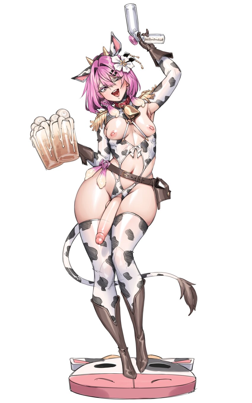 1boy absurdres animal_ears animal_print armpits belt bob_cut boots breast_cutout clothing_cutout collar condom condom_earrings cow_boy cow_ears cow_horns cow_print cow_print_thighhighs cow_tail cowbell crotchless crotchless_leotard cum cum_in_container cum_in_cup epaulettes flower gloves gokkun hair_between_eyes hair_flower hair_intakes hair_ornament hairpin highres holster horns knee_boots large_penis leotard long_eyelashes male_focus naidong_(artist) navel_cutout nipples one_eye_closed open_mouth original penis penis_pump pink_eyes pink_hair print_thighhighs revealing_clothes riharu_(naidong) shiny_skin short_hair smile tail testicles thick_thighs thighhighs thighs trap used_condom white_background wide_hips wink