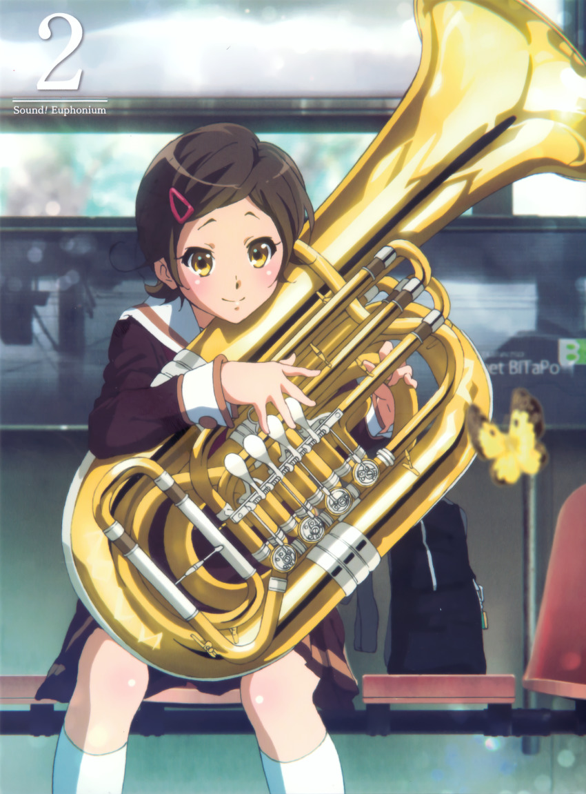 1girl album_cover bag bench black_bag blush brown_eyes brown_hair brown_shirt brown_skirt bug butterfly closed_mouth cover hair_ornament hairclip hibike!_euphonium highres holding holding_instrument ikeda_shouko insect instrument katou_hazuki kitauji_high_school_uniform kneehighs long_sleeves neckerchief official_art pleated_skirt red_neckerchief sailor_collar school_bag school_uniform serafuku shirt short_hair sitting skirt smile socks solo tuba white_sailor_collar white_socks