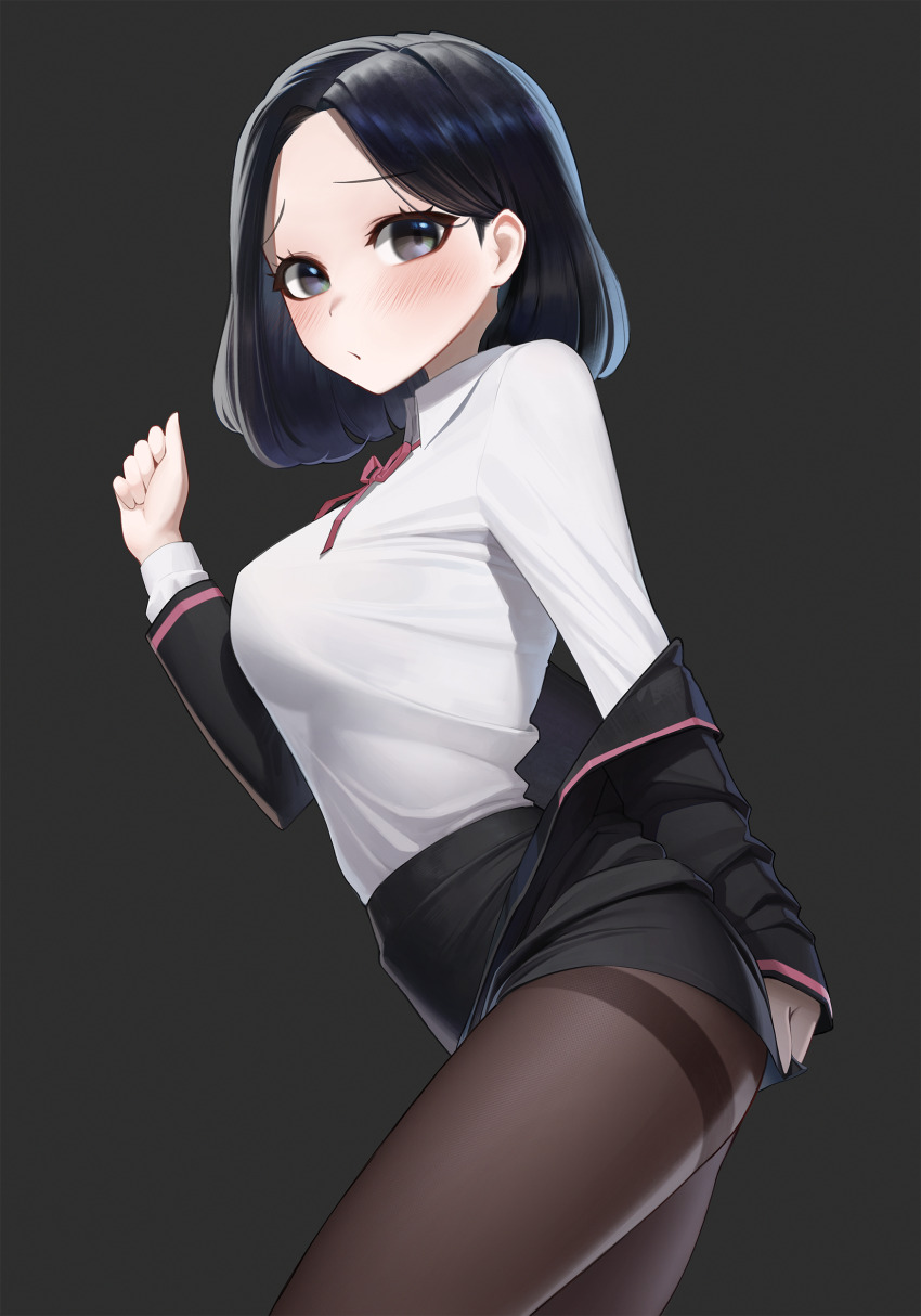 1girl absurdres black_eyes black_hair black_jacket black_pantyhose black_skirt blush breasts closed_mouth collared_shirt commentary commission grey_background hantata highres jacket jacket_partially_removed long_sleeves looking_at_viewer medium_breasts office_lady original pantyhose pencil_skirt raised_eyebrows shirt short_hair simple_background skirt solo thighband_pantyhose white_shirt