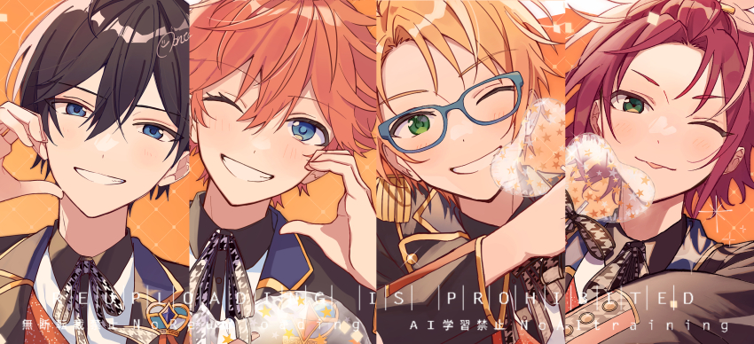 4boys akehoshi_subaru black_hair blonde_hair blue-framed_eyewear blue_eyes ensemble_stars! glasses green_eyes hair_between_eyes half-heart_hands half_updo hidaka_hokuto highres houndstooth isara_mao looking_at_viewer male_focus medium_hair multiple_boys official_alternate_costume one_eye_closed orange_hair parted_bangs red_hair short_hair smile tongue tongue_out trickstar_(ensemble_stars!) upper_body yuuki_makoto_(ensemble_stars!) zu_tonatuyasumi