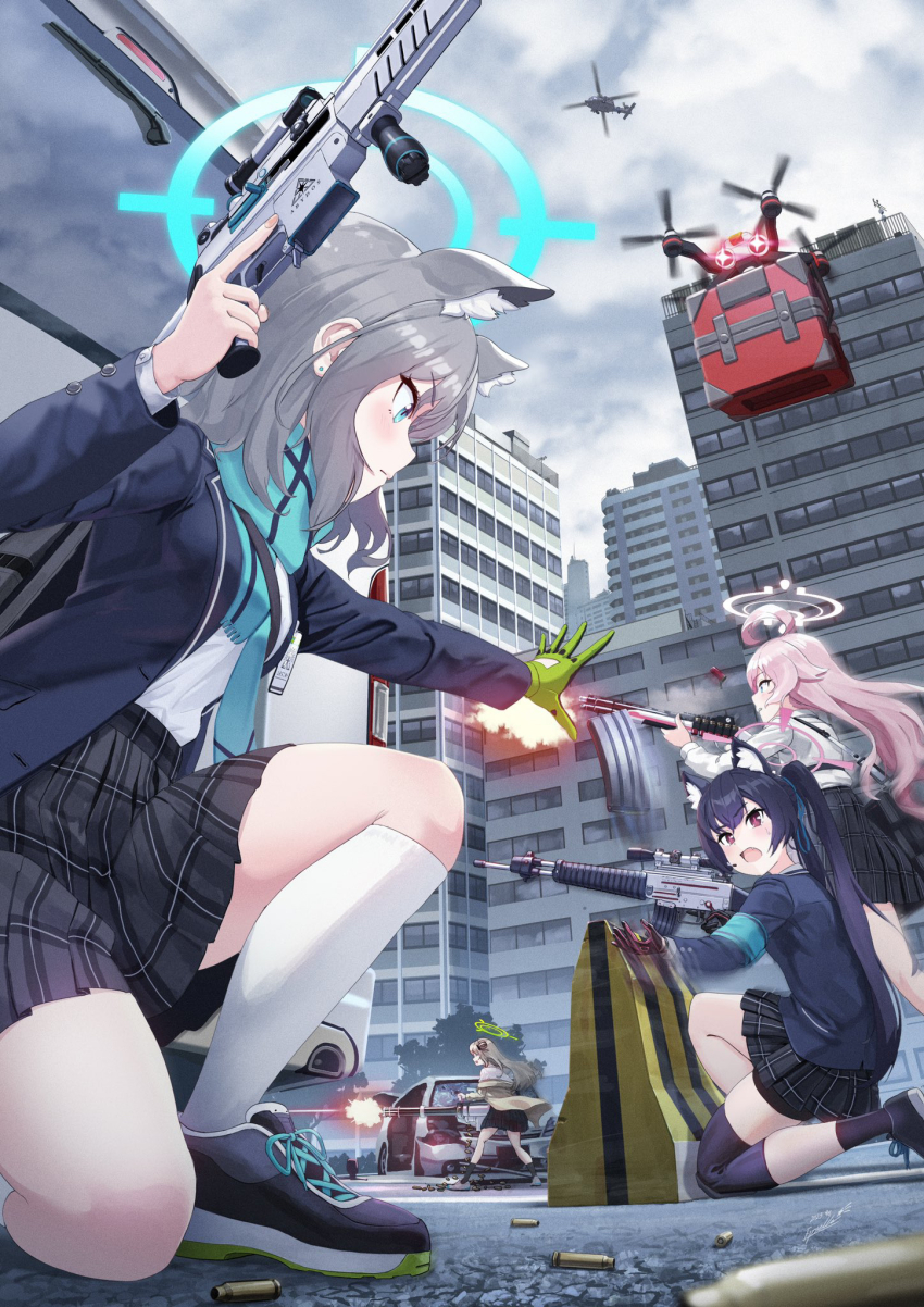 4girls ahoge aiming aircraft animal_ear_fluff animal_ears assault_rifle battle beretta_1301 beretta_ar70/90 black_hair black_jacket black_skirt blazer blue_archive blue_eyes blue_necktie blue_scarf blurry bow brown_hair building buttoned_cuffs buttons car cardigan cat_ears cat_girl cloud cloudy_sky collared_shirt commentary_request depth_of_field drone estrella_(uypu4574) extra_ears firing gatling_gun gloves grey_hair gun hair_between_eyes hair_bow hair_bun hair_ribbon halo hand_gesture helicopter highres holding holding_gun holding_weapon hoshino_(blue_archive) id_card jacket knee_pads kneehighs long_hair long_sleeves m134_minigun medium_hair motor_vehicle multiple_girls necktie nonomi_(blue_archive) open_cardigan open_clothes outdoors pink_hair plaid_clothes plaid_skirt pleated_skirt profile red_eyes ribbon rifle scarf school_uniform serika_(blue_archive) shiroko_(blue_archive) shirt shoes shoulder_strap sidelocks sig_sauer_556 single_glove single_side_bun skirt sky skyscraper sneakers socks squatting taking_cover twintails two-tone_gloves weapon white_shirt white_socks wolf_ears wolf_girl yellow_cardigan