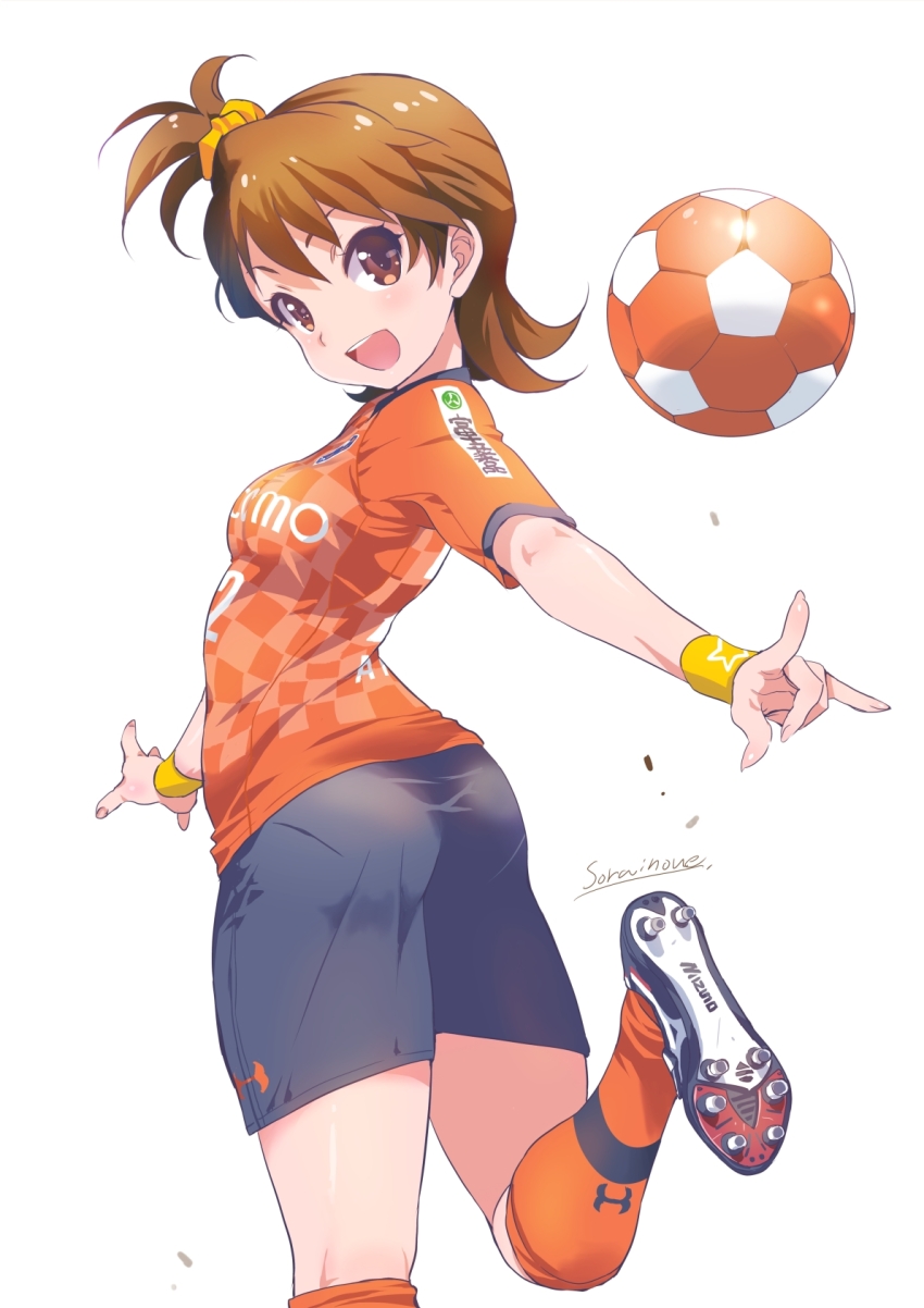 1girl :d artist_name ass ball black_shoes black_shorts black_trim breasts brown_eyes brown_hair checkered_clothes checkered_shirt cleats clothes_writing foot_out_of_frame from_behind futami_ami hair_between_eyes highres idolmaster idolmaster_(classic) inoue_sora jersey kicking kneehighs looking_at_viewer looking_back m/ open_mouth orange_shirt orange_socks outstretched_arms pantylines playing_sports reaching reaching_towards_viewer red_trim scrunchie shards shirt shoes short_sidetail short_sleeves shorts side_ponytail signature small_breasts smile soccer soccer_ball soccer_uniform socks solo sportswear standing standing_on_one_leg teeth twisted_torso under_armour upper_teeth_only white_trim yellow_scrunchie