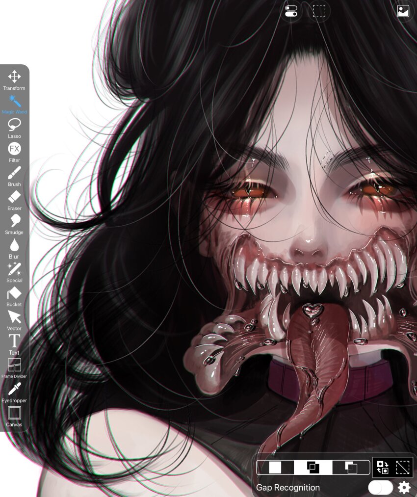 1girl aegyo_sal art_program_in_frame bifurcated_jaw black_hair body_horror commentary english_commentary extra_teeth forked_tongue highres long_hair looking_at_viewer open_mouth orange_eyes original portrait sacrilaig screencap shirt sleeveless sleeveless_shirt slit_pupils tongue tongue_out very_long_hair