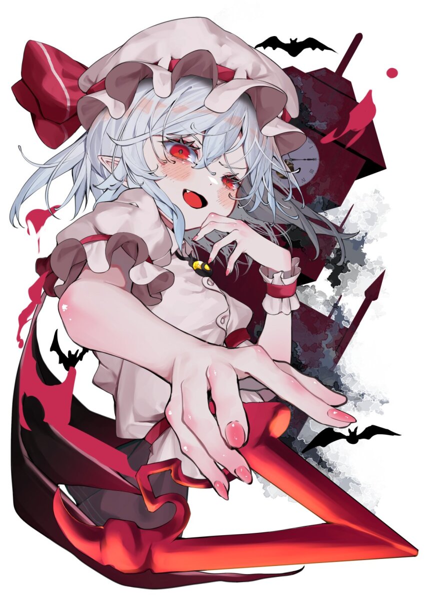 1girl ascot bat_wings blue_hair dress hat hat_ribbon highres kararage_tsune looking_at_viewer mob_cap pink_dress pink_hat reaching reaching_towards_viewer red_ascot red_eyes remilia_scarlet ribbon scarlet_devil_mansion short_hair simple_background smile solo spear_the_gungnir touhou white_background wings wrist_cuffs