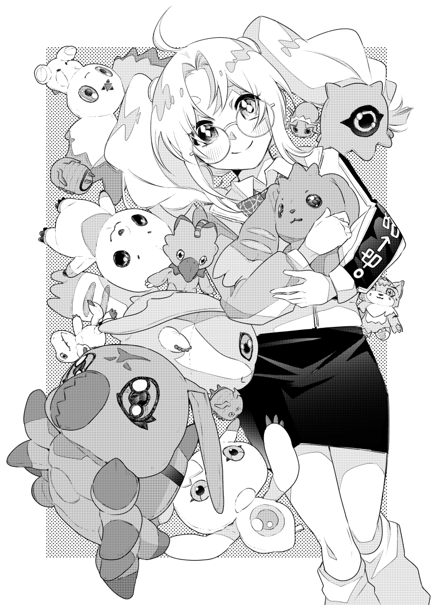 absurdres agumon blush border cowboy_shot culumon digimon digimon_recollection glasses greyscale guilmon halftone halftone_background heterochromia highres holding jacket keramon kuramon long_hair looking_at_viewer lopmon meicoomon monochrome nozomi_riko ookutsuwa_waga piyomon round_eyewear simple_background skirt solo_focus stuffed_animal stuffed_toy terriermon twintails ukkomon white_border wormmon