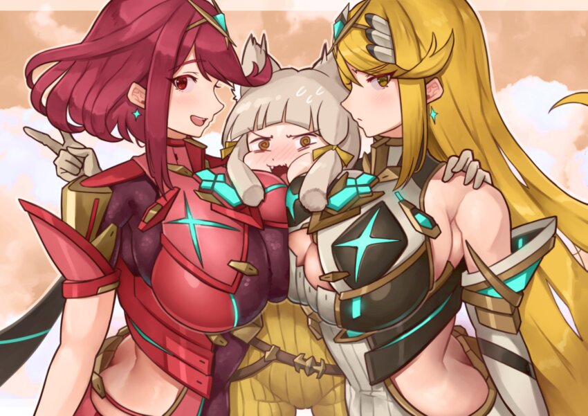 3girls @_@ absurdres bare_shoulders blonde_hair blush bodysuit breast_press breasts brown_background brown_eyes butt_crack chest_jewel cleavage cleavage_cutout clothing_cutout commentary_request core_crystal_(xenoblade) dress earrings grey_hair group_picture highres jewelry large_breasts long_hair looking_at_viewer multiple_girls mythra_(xenoblade) nia_(xenoblade) pyra_(xenoblade) red_eyes red_hair short_hair smile symmetrical_docking tiara upper_body v white_dress xenoblade_chronicles_(series) xenoblade_chronicles_2 yellow_bodysuit yellow_eyes yotsuha_uni